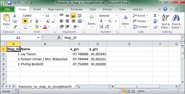 Excel Table with Lat/Long Values